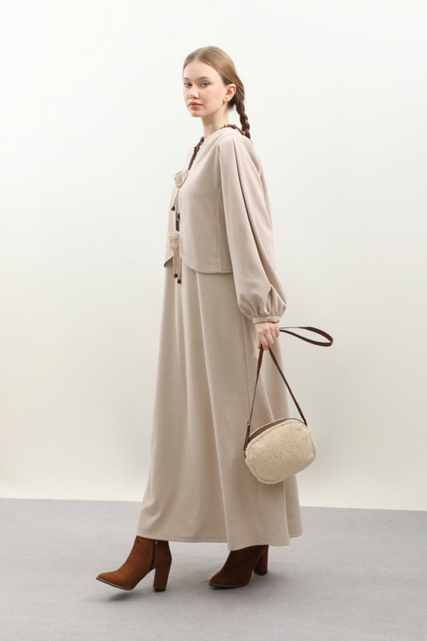 Hırkalı Triko Elbise Takım Krem - 2