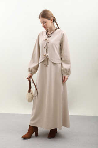 Hırkalı Triko Elbise Takım Krem - 3