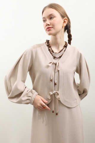 Hırkalı Triko Elbise Takım Krem - 4