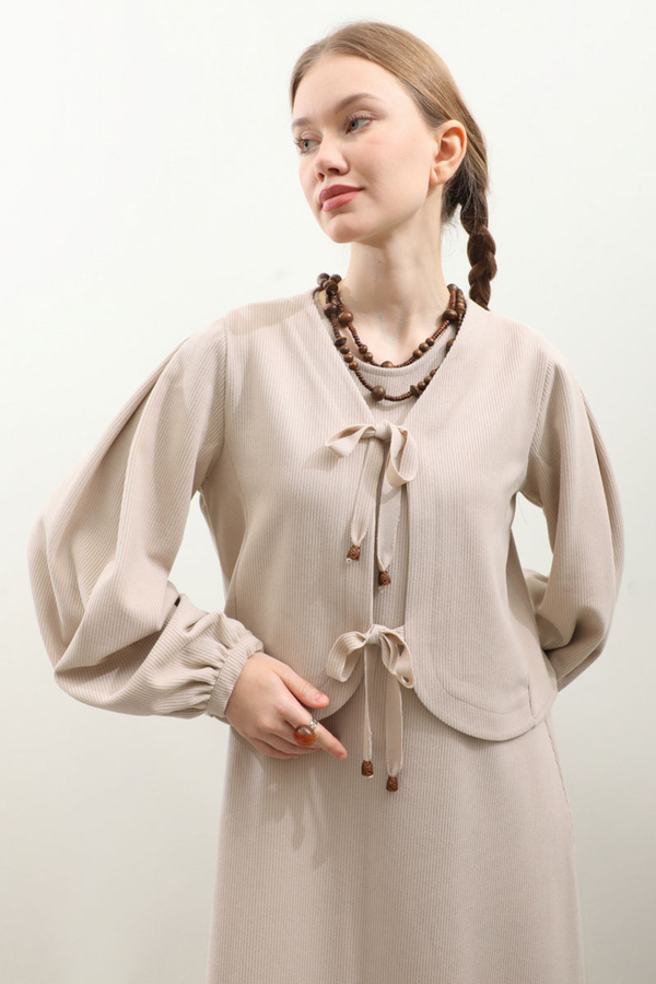 Hırkalı Triko Elbise Takım Krem - 4