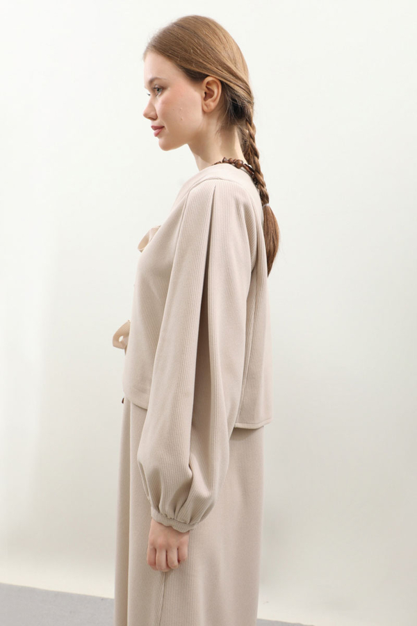 Hırkalı Triko Elbise Takım Krem - 5