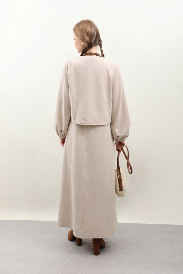 Hırkalı Triko Elbise Takım Krem - 6