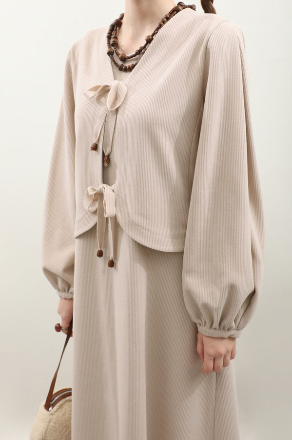 Hırkalı Triko Elbise Takım Krem - 7