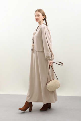 Hırkalı Triko Elbise Takım Krem - 2