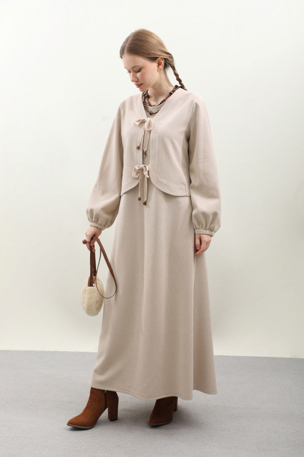 Hırkalı Triko Elbise Takım Krem - 3