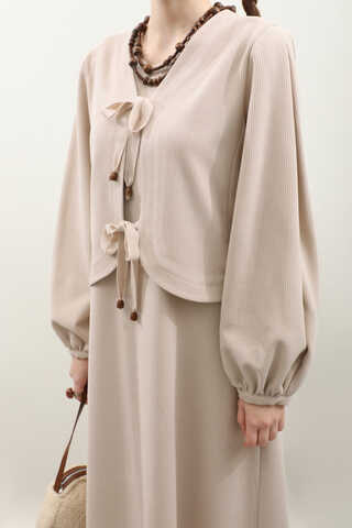 Hırkalı Triko Elbise Takım Krem - 7