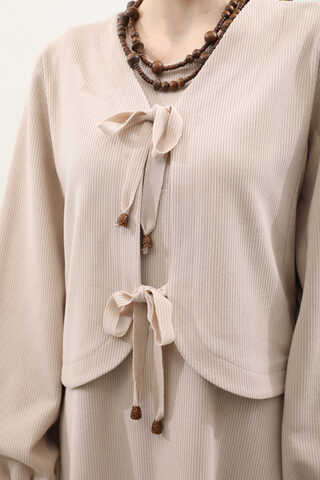 Hırkalı Triko Elbise Takım Krem - 8