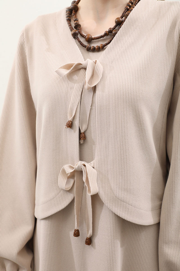 Hırkalı Triko Elbise Takım Krem - 8