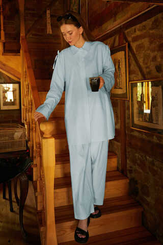 Ice Blue Trouser Set with Gathered Shoulder Detail - 2