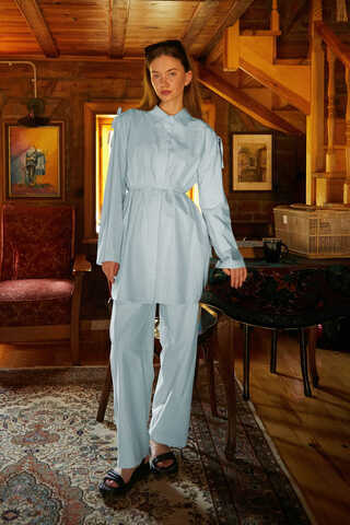 Ice Blue Trouser Set with Gathered Shoulder Detail - 6