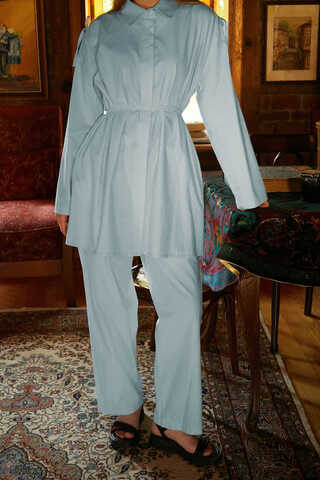 Ice Blue Trouser Set with Gathered Shoulder Detail - 7
