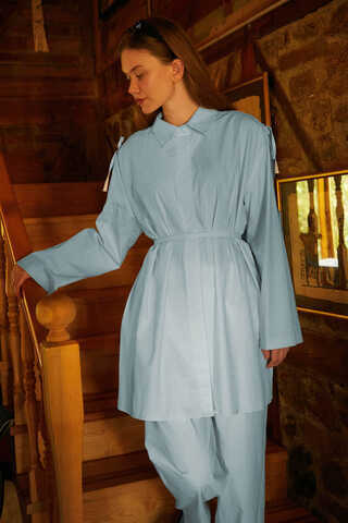 Ice Blue Trouser Set with Gathered Shoulder Detail - 3