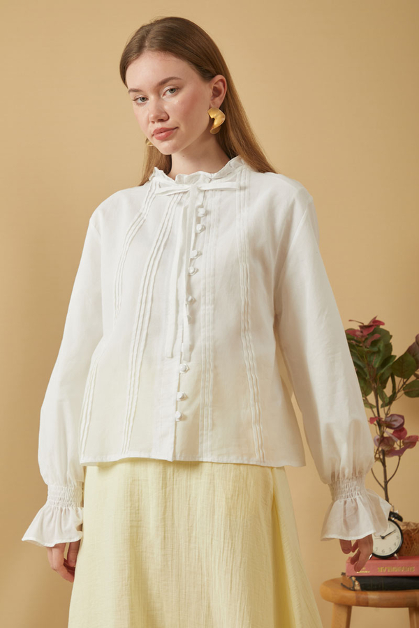 ie-Neck Pleated Voile Blouse White - 1