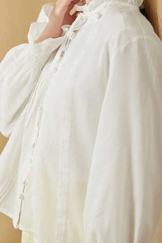 ie-Neck Pleated Voile Blouse White - 3
