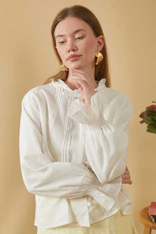 ie-Neck Pleated Voile Blouse White - 4