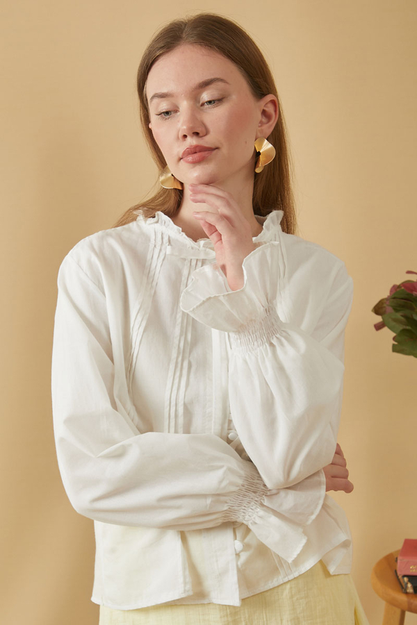 ie-Neck Pleated Voile Blouse White - 4