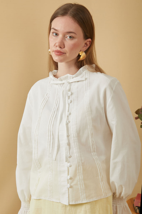 ie-Neck Pleated Voile Blouse White - 5