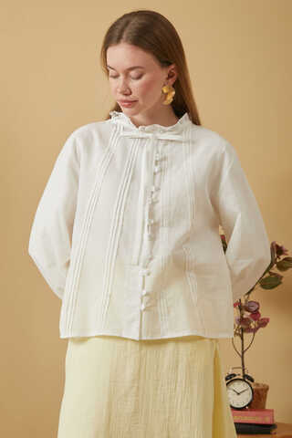 ie-Neck Pleated Voile Blouse White - 9
