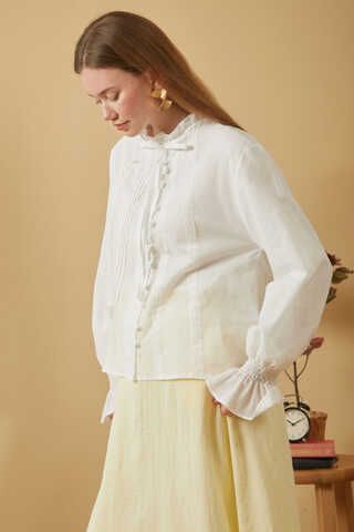 ie-Neck Pleated Voile Blouse White - 11