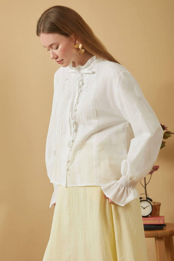 ie-Neck Pleated Voile Blouse White - 11