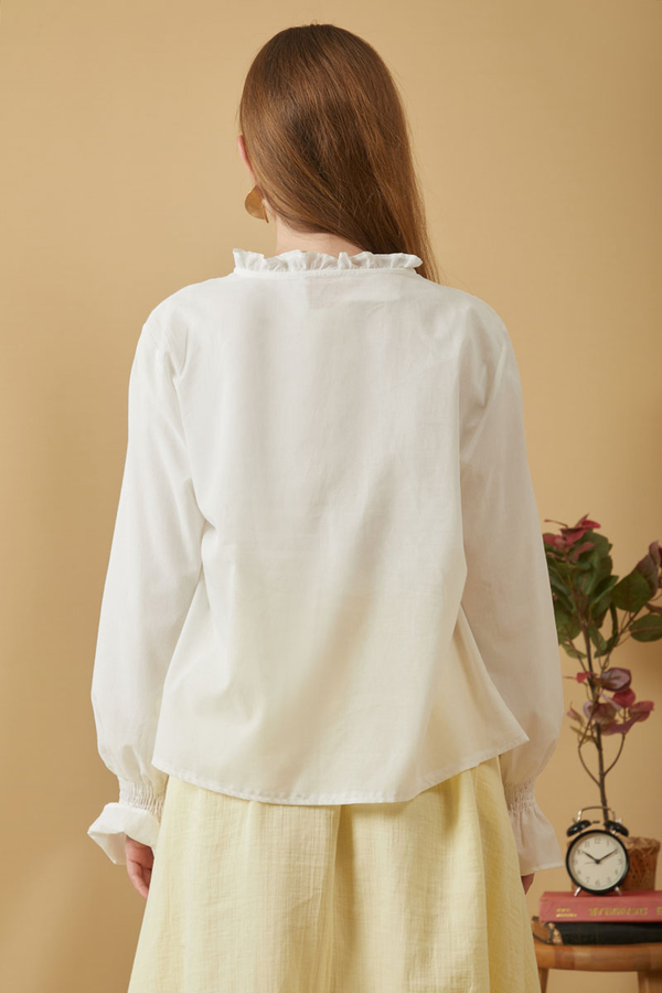 ie-Neck Pleated Voile Blouse White - 13