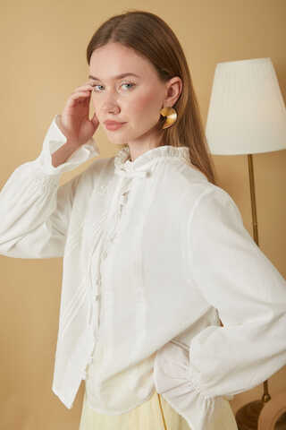 ie-Neck Pleated Voile Blouse White - 7