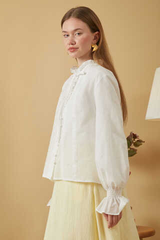 ie-Neck Pleated Voile Blouse White - 10