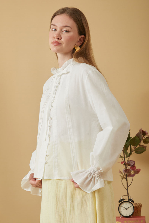 ie-Neck Pleated Voile Blouse White - 12