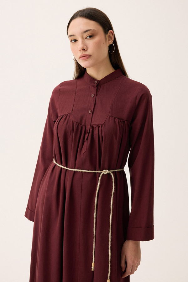 İmge Keten Elbise Bordo - 11
