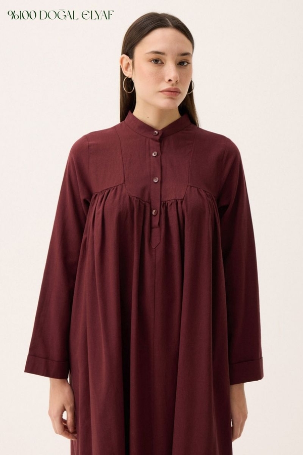 İmge Keten Elbise Bordo - 1