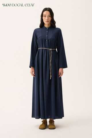 İmge Keten Elbise Lacivert - 1