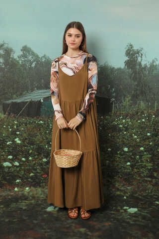İnce Askılı Elbise Kahverengi - 3