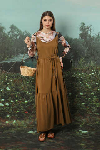 İnce Askılı Elbise Kahverengi - 5