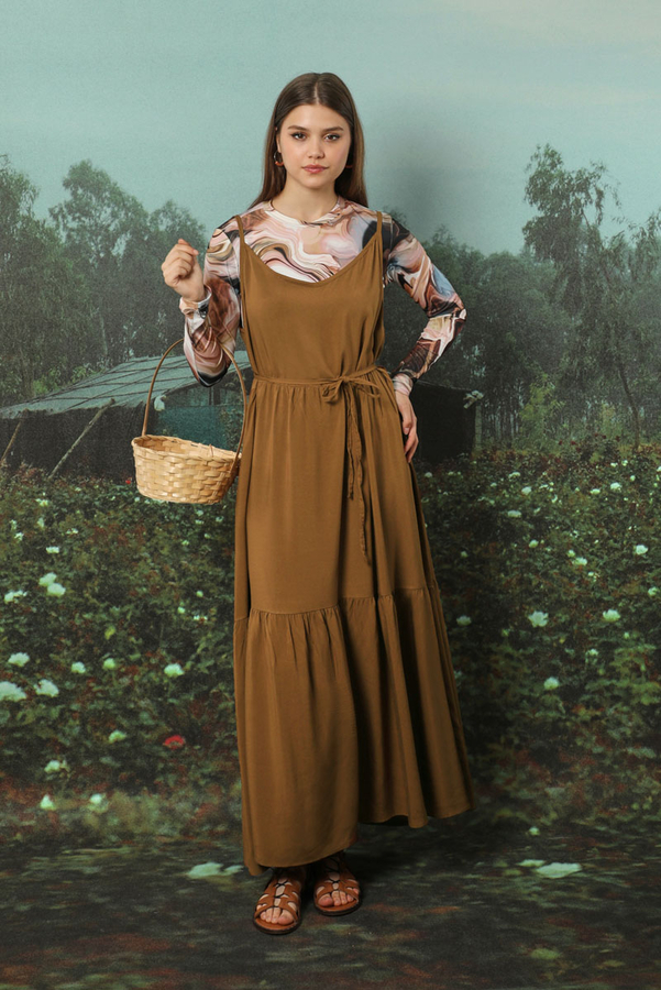 İnce Askılı Elbise Kahverengi - 5