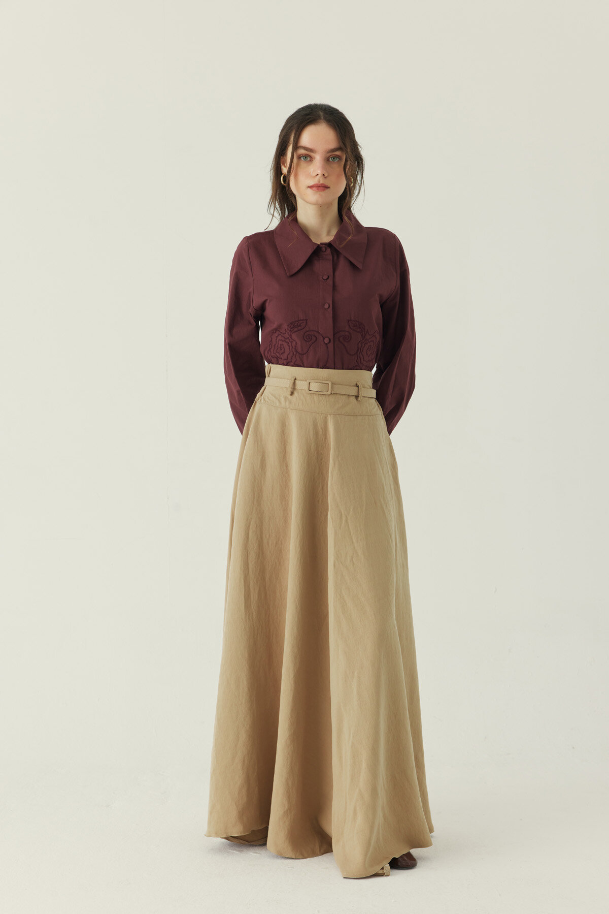 İnce Kemerli Modal Etek Bej