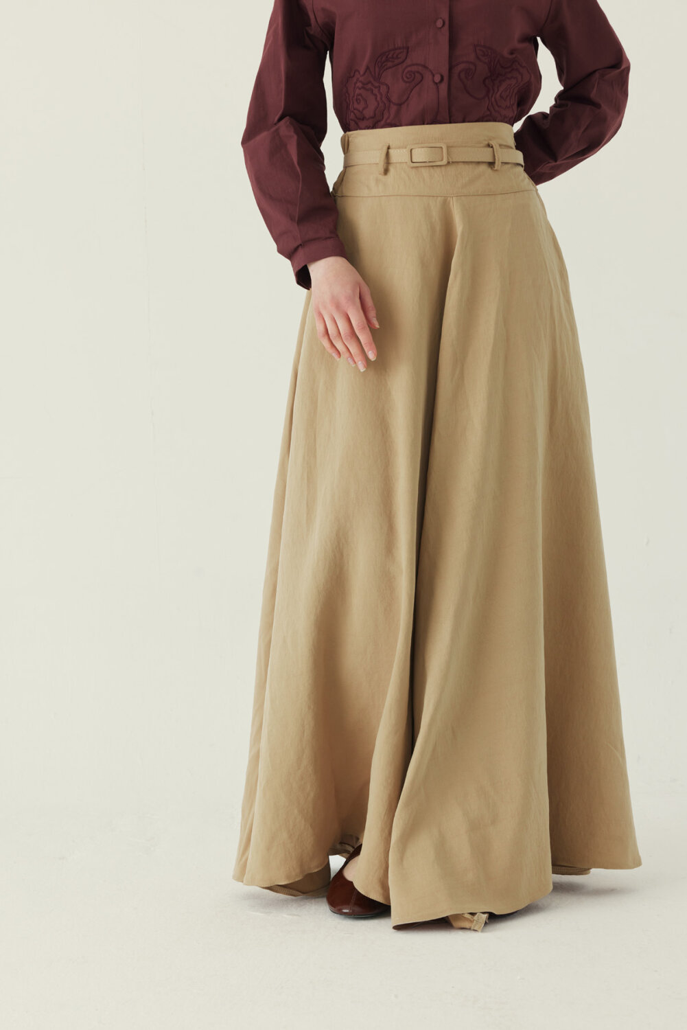 İnce Kemerli Modal Etek Bej - 3