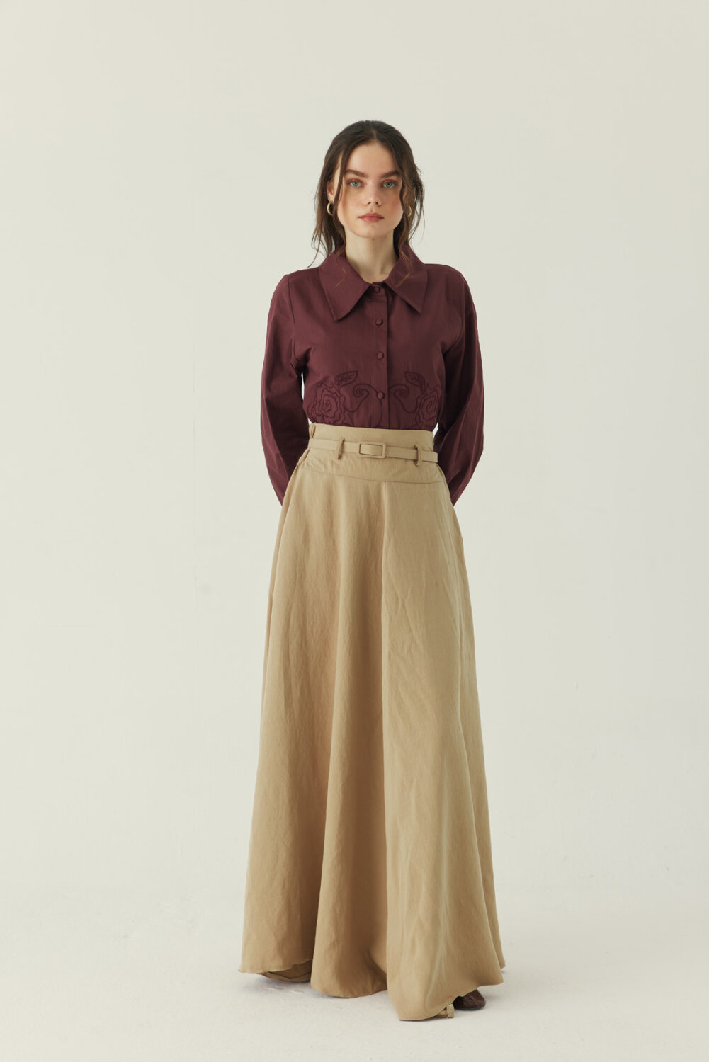 İnce Kemerli Modal Etek Bej 