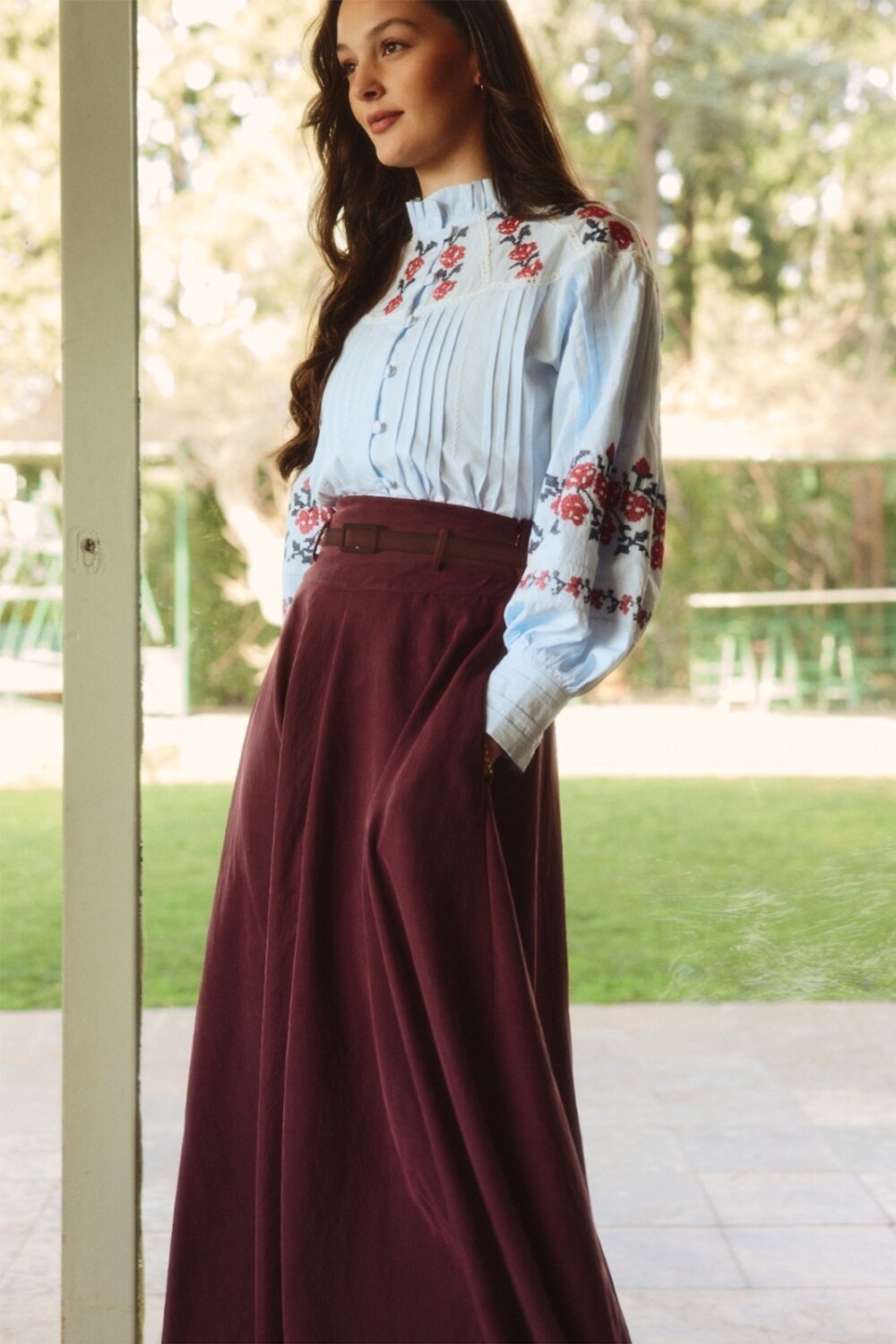 İnce Kemerli Modal Etek Bordo - 2