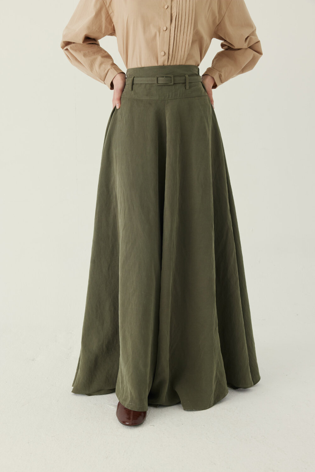 İnce Kemerli Modal Etek Haki - 2