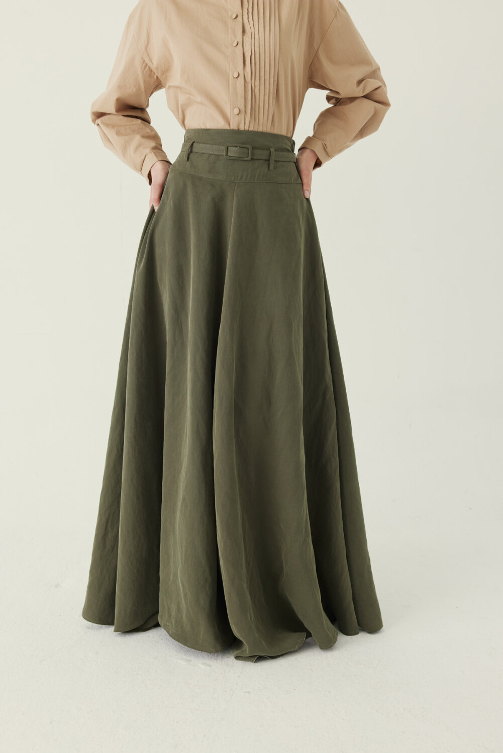 İnce Kemerli Modal Etek Haki - 3