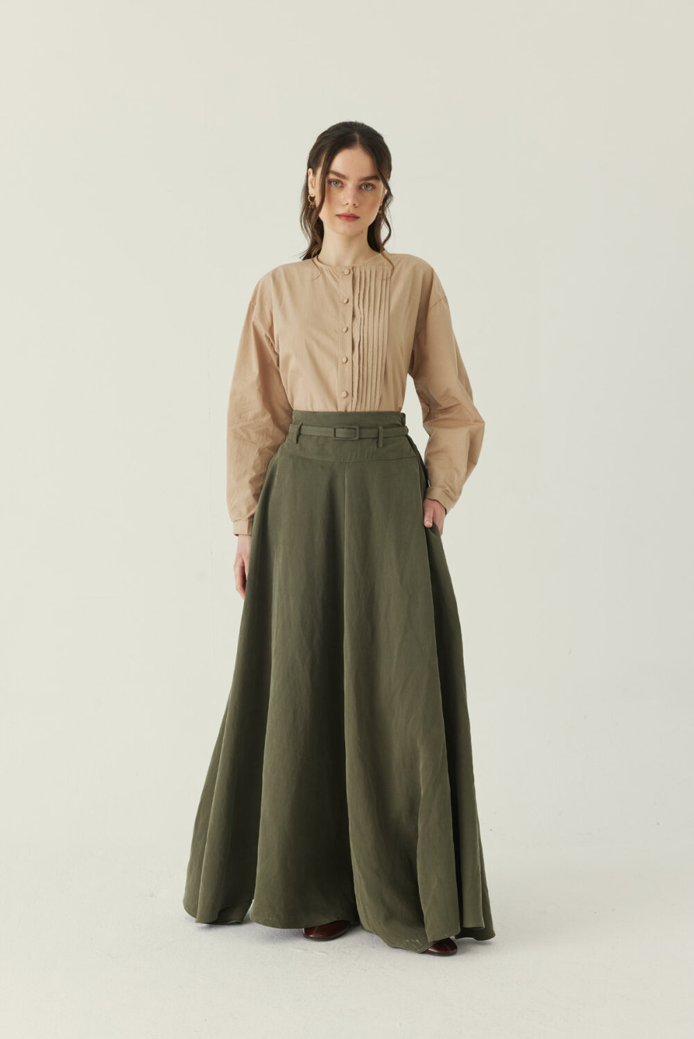 İnce Kemerli Modal Etek Haki 