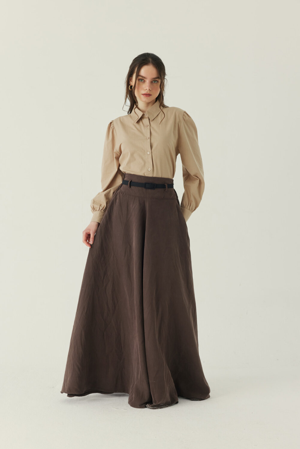 İnce Kemerli Modal Etek Kahverengi - 3