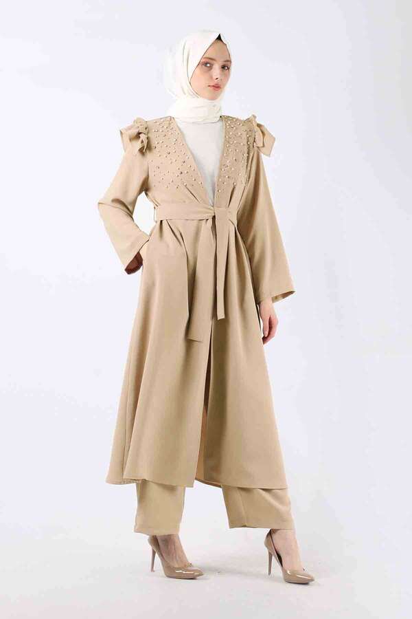 İnci İşlemeli Abaya Takım Bej - 1