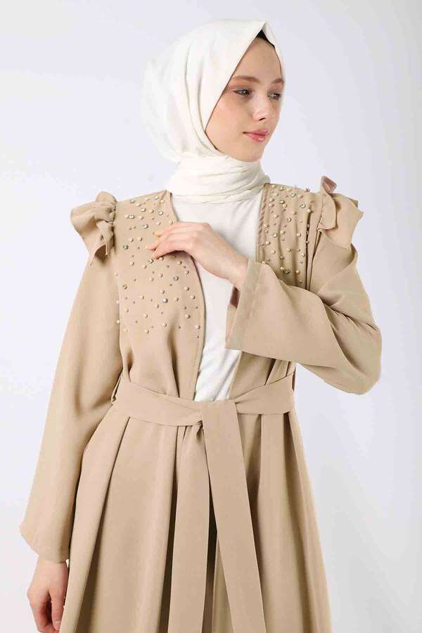 İnci İşlemeli Abaya Takım Bej - 2