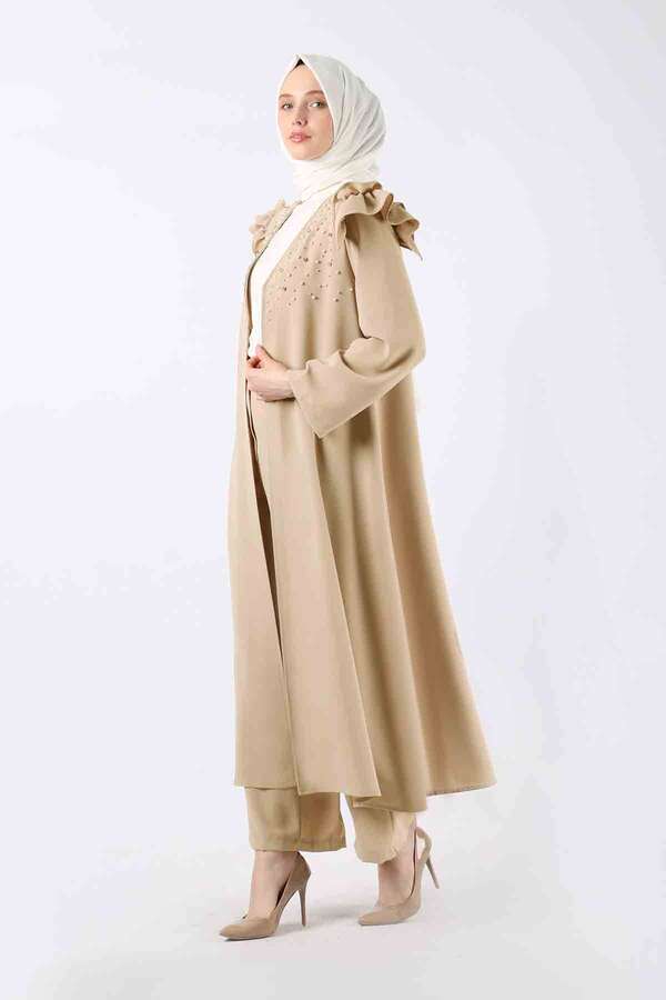 İnci İşlemeli Abaya Takım Bej - 3
