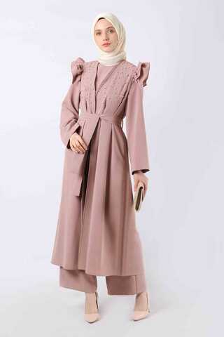 İnci İşlemeli Abaya Takım Gül Kurusu - 1