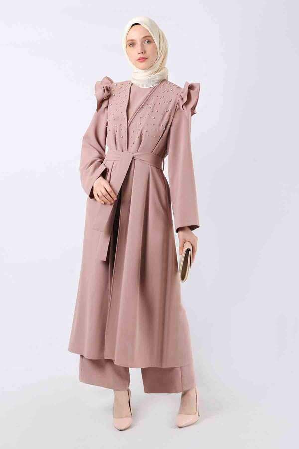 İnci İşlemeli Abaya Takım Gül Kurusu - 1