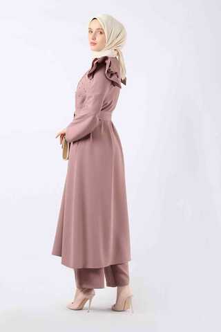 İnci İşlemeli Abaya Takım Gül Kurusu - 5
