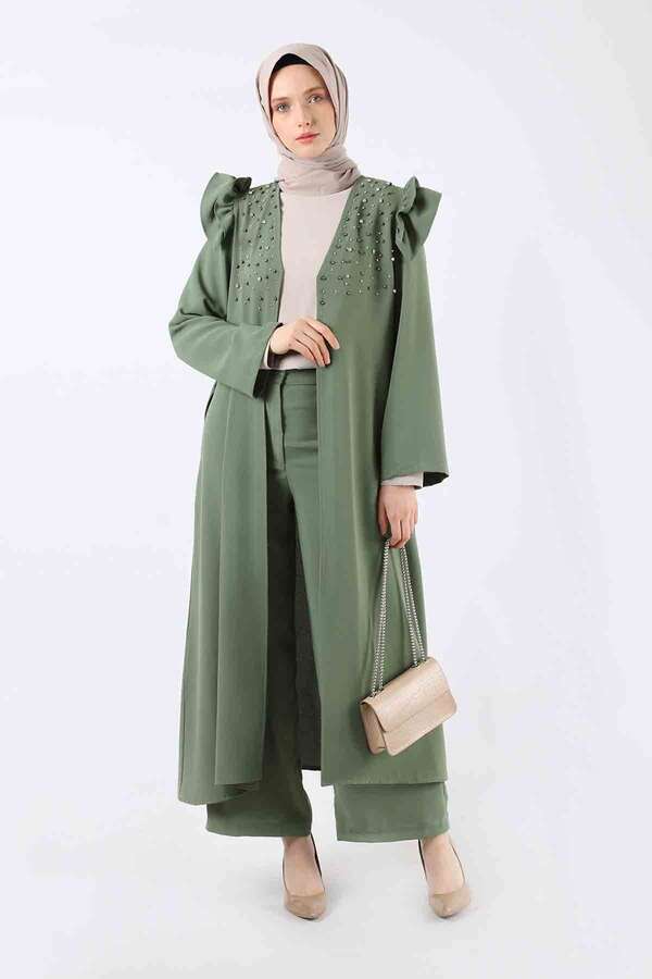 İnci İşlemeli Abaya Takım Haki - 3