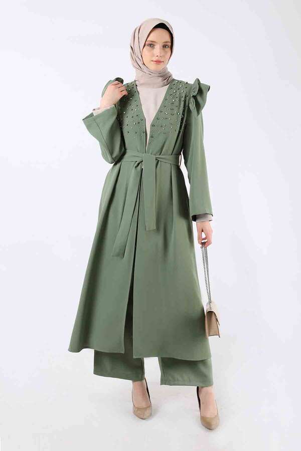 İnci İşlemeli Abaya Takım Haki - 1